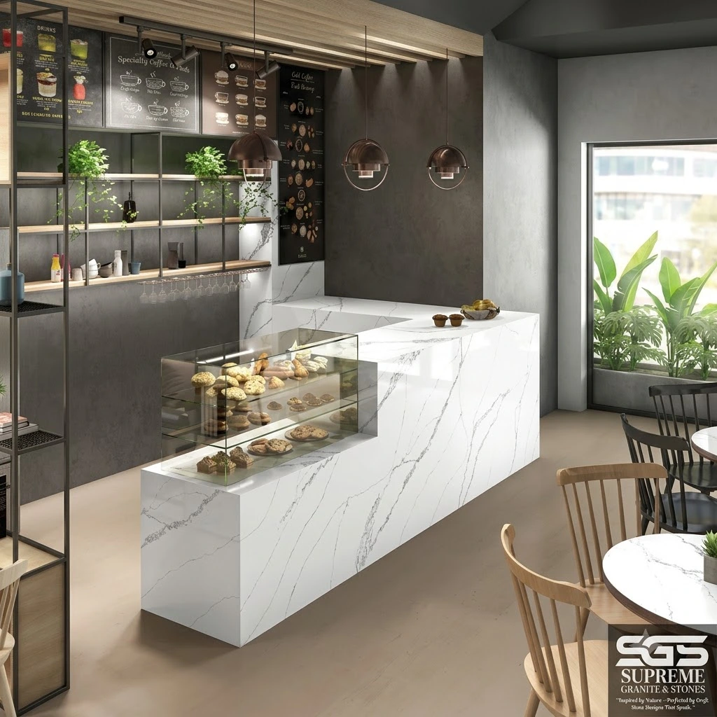 Modern café counter crafted with Snow Valley Quartz featuring white engineered quartz with bold grey marble-inspired veining, perfect for cafés, bakeries, restaurants, coffee shops, and commercial interiors.
