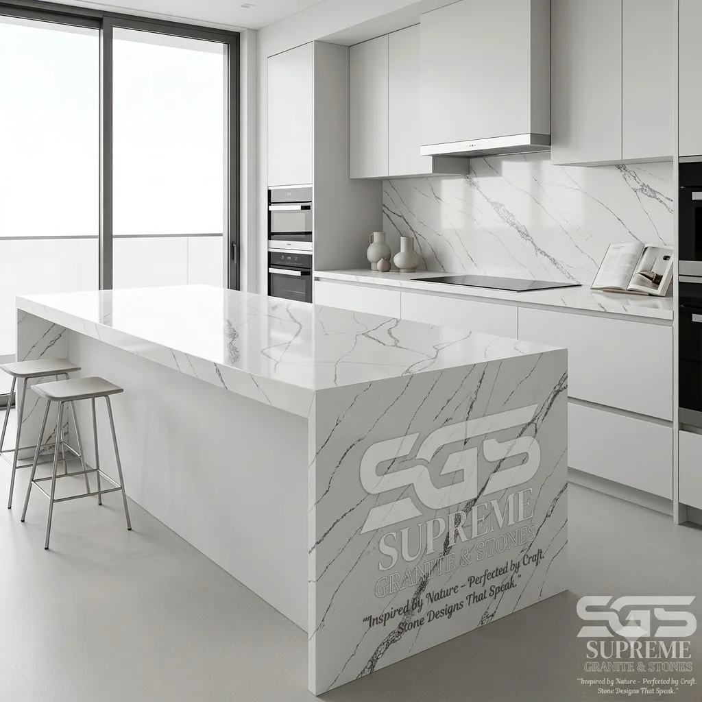 Modern kitchen featuring Snow Valley Quartz waterfall island and matching backsplash with premium white quartz and bold grey marble-inspired veining for contemporary residential interiors.