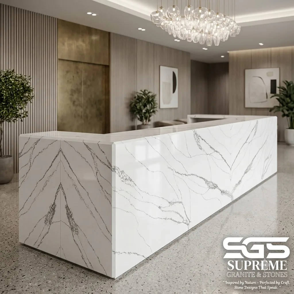 Luxury reception counter designed with Snow Valley Quartz featuring white engineered quartz and bold flowing grey veining, ideal for hotels, offices, clinics, showrooms, and commercial spaces.
