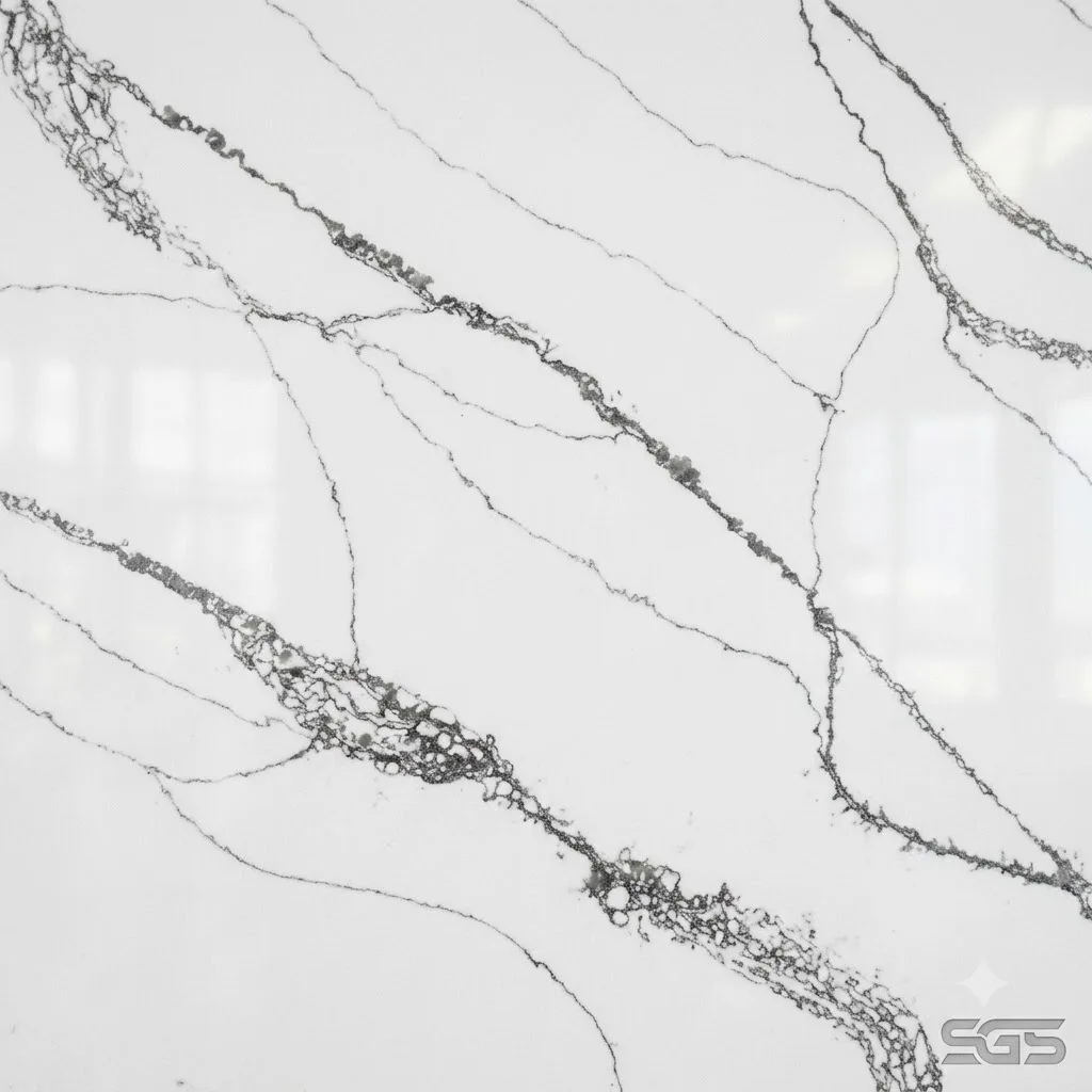 Close-up texture of Snow Valley Quartz showcasing a polished white engineered quartz surface with striking flowing grey veining, suitable for countertops, wall cladding, vanity tops, and luxury interiors.