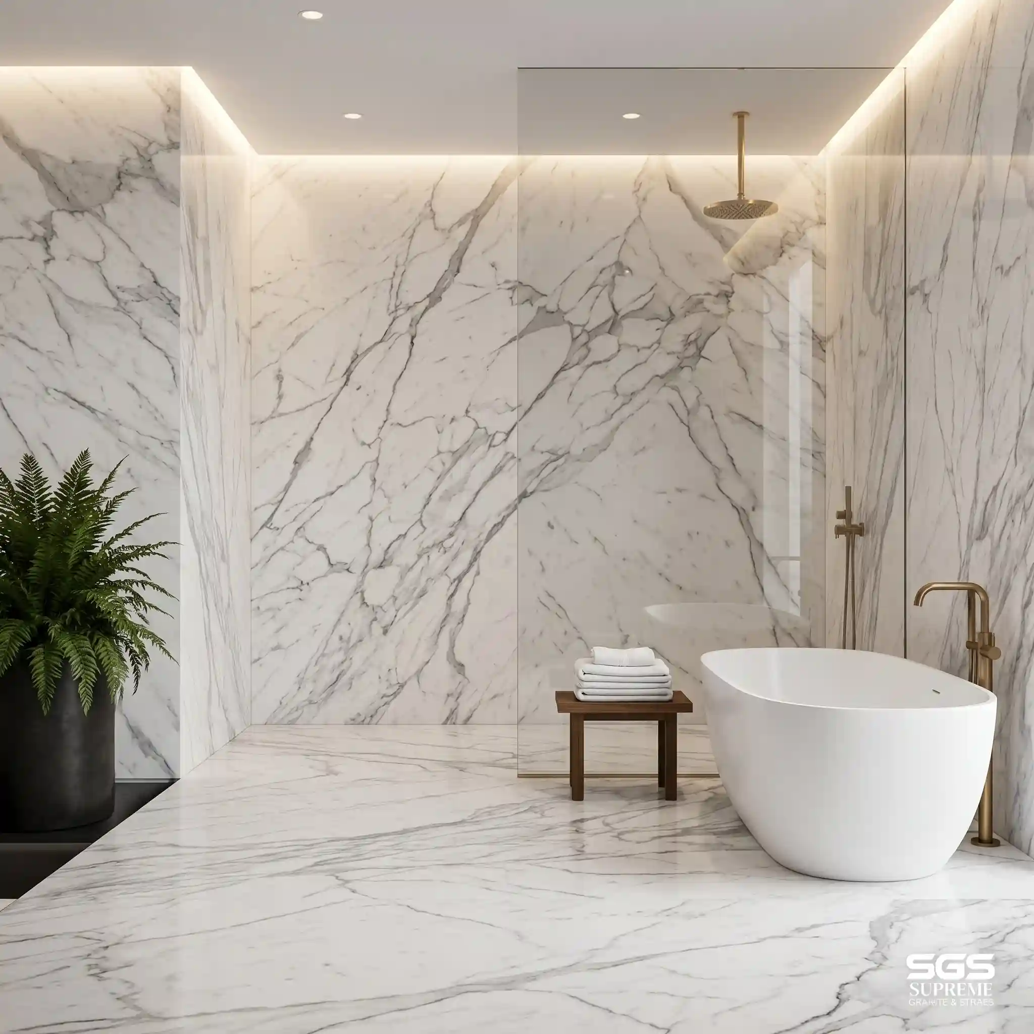 Statuario white marble used in luxury bathroom walls and flooring, polished Italian marble with grey veining