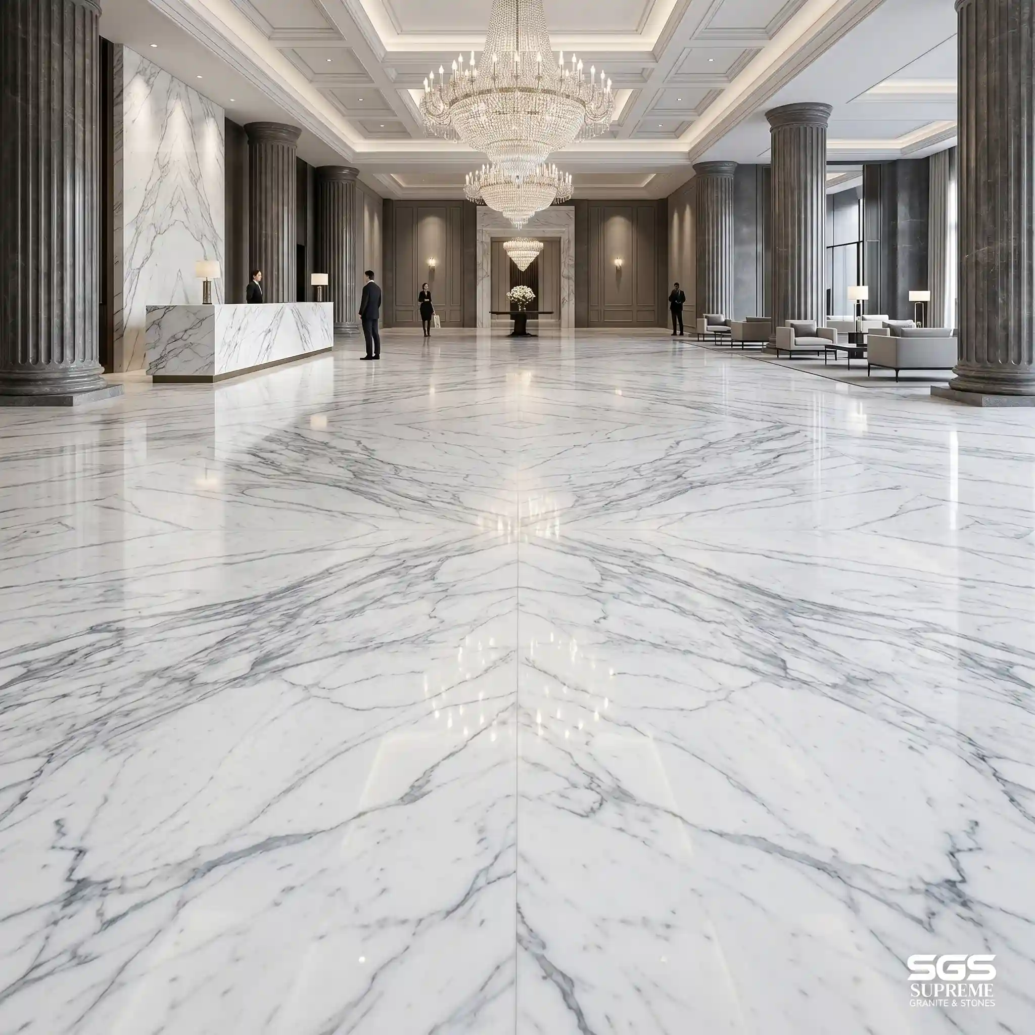 Statuario white marble flooring in luxury hotel lobby, Italian marble with bookmatch veining pattern and polished finish