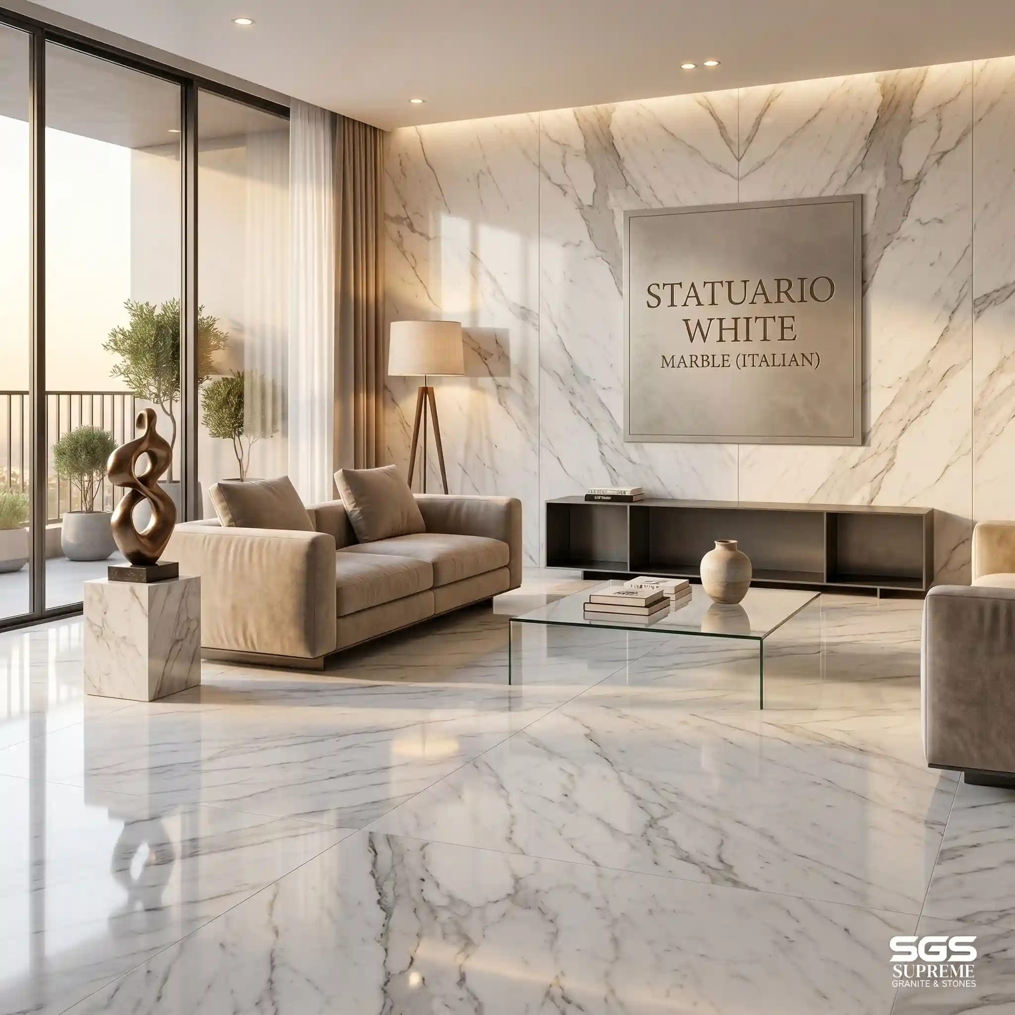 Statuario white Italian marble flooring in modern living room, premium polished marble with elegant veining