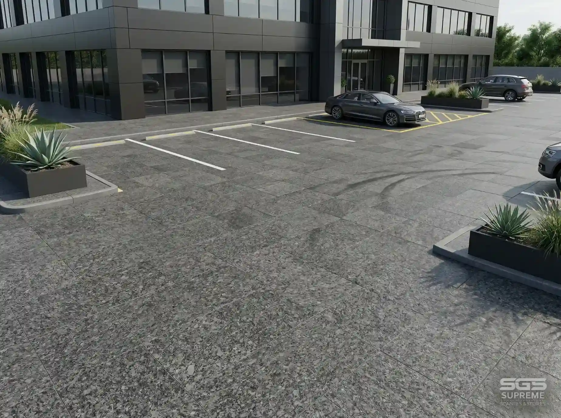 Steel grey granite parking area flooring with anti-skid surface, durable silver grey granite for commercial exterior use