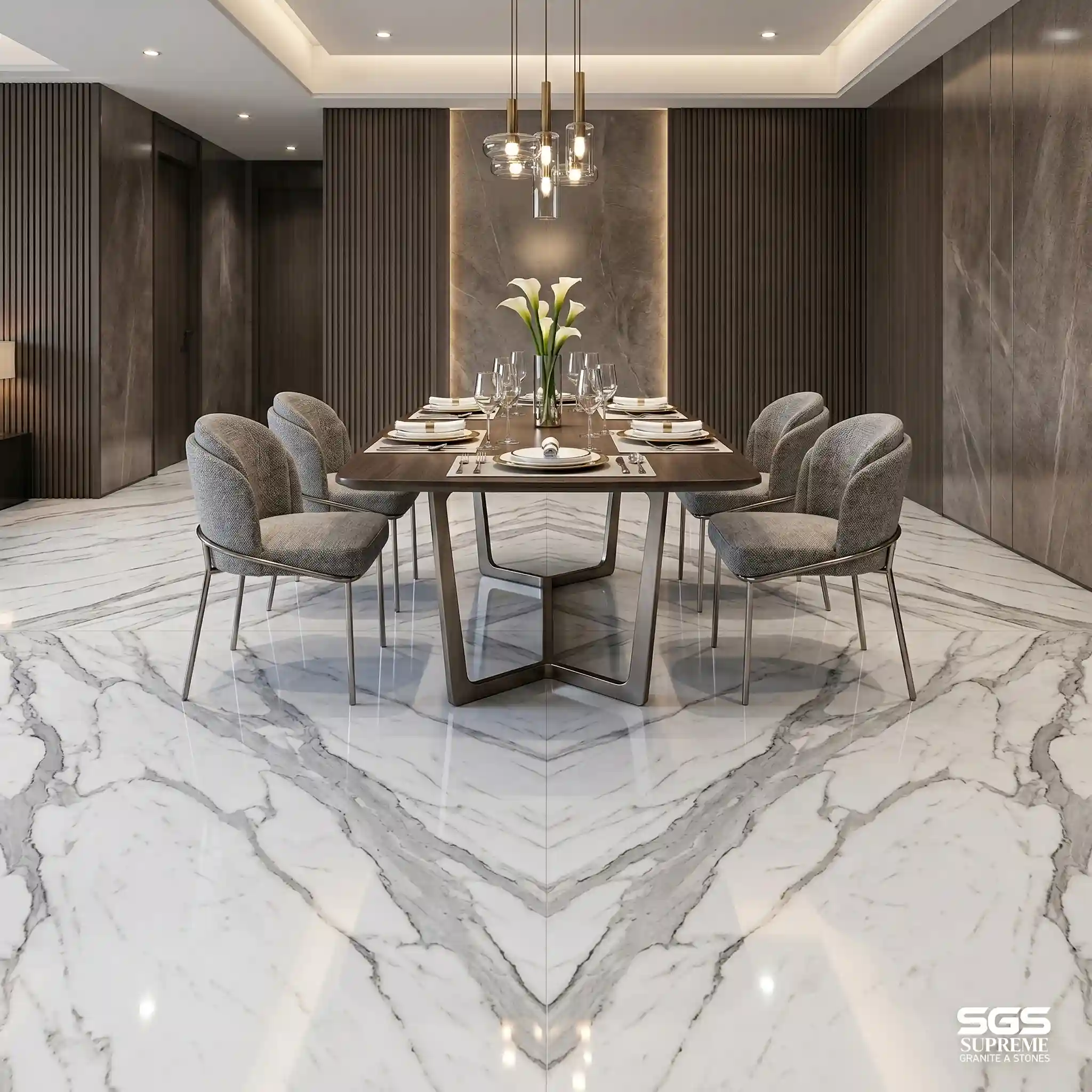 Statuario white marble flooring in modern dining space, polished Italian marble with natural grey veins