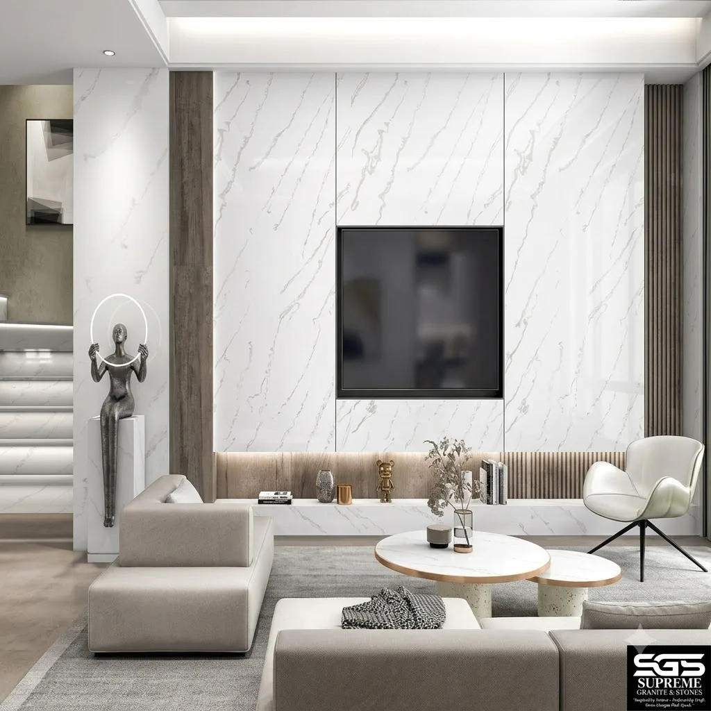 Luxury living room featuring Wonder Cosmic White Quartz wall cladding with elegant white quartz and soft flowing grey marble-inspired veining, creating a sophisticated modern feature wall.