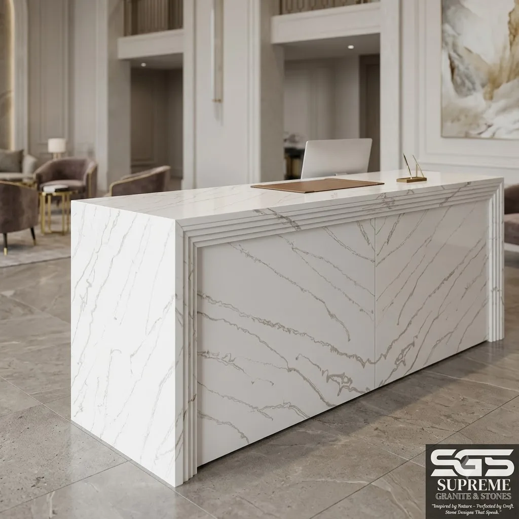 Premium reception counter crafted with Wonder Cosmic White Quartz featuring white engineered quartz with elegant flowing grey veining, perfect for hotels, offices, clinics, retail spaces, and commercial interiors.